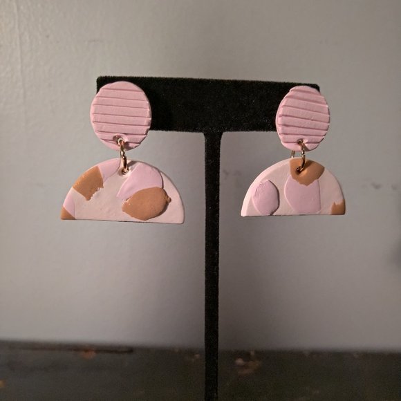 Pink and Gold Half Circle Dangle Earrings - Picture 2 of 9